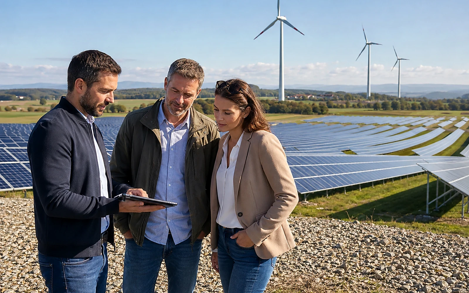 Drei Personen besprechen ein Projekt vor einem Solarpark und Windrädern